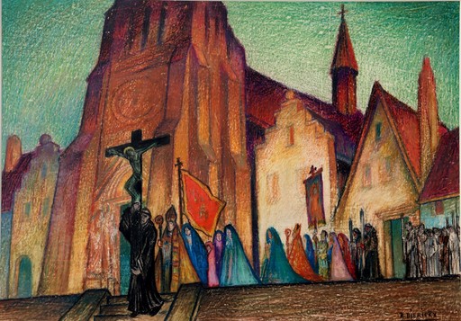 Raymond DIERICKX - Drawing-Watercolor - "PROCESSION AU MOINE"