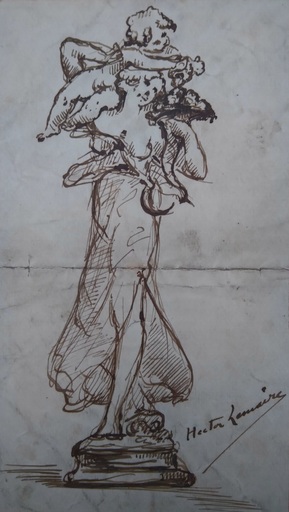 Hector Joseph LEMAIRE - Disegno Acquarello - Ange sur statue