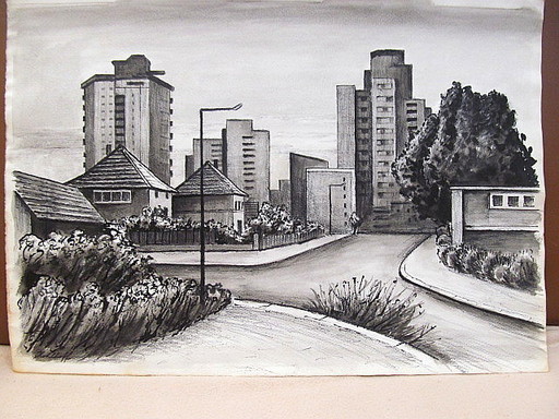 Walter KOHLHOFF - Zeichnung Aquarell - Berliner Häuser und Hochhäuser