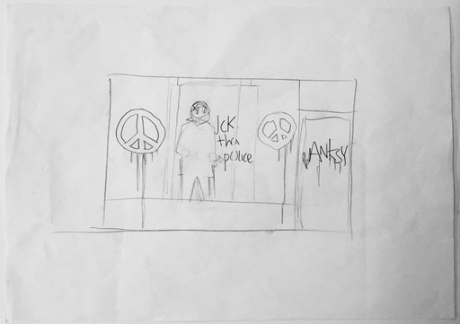 BANKSY - Zeichnung Aquarell - "Riot Cop Drawing & artist handwritten letters"