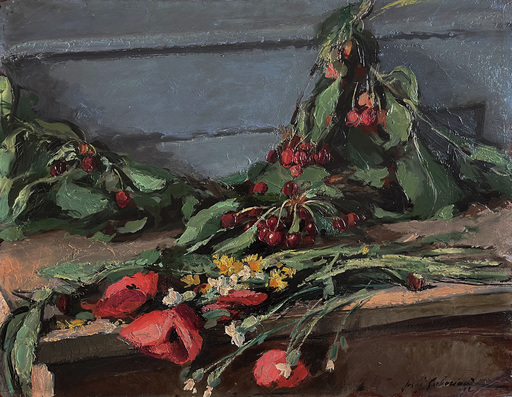Josué GABORIAUD - 绘画 - Nature morte aux fleurs des champs et aux cerises