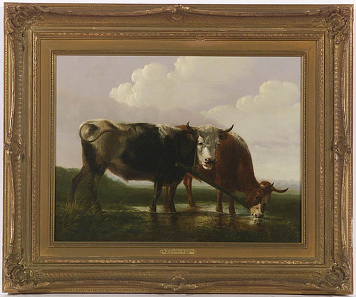 Albertus VERHOESEN - Painting - Cows at Watering Place, 19th Century