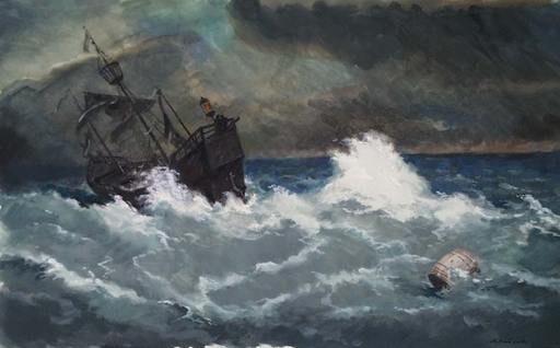 Lev Michailovitsch KHAILOV - Drawing-Watercolor - "Ship in Gale" by Lev Khailov, ca 1970