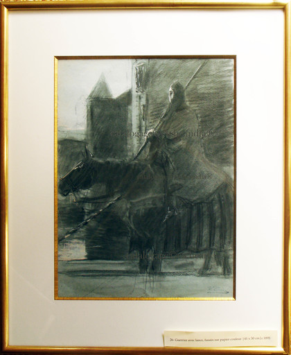Ulpiano CHECA Y SANZ - Drawing-Watercolor - Guerrier à cheval, avec lance,  devant le château