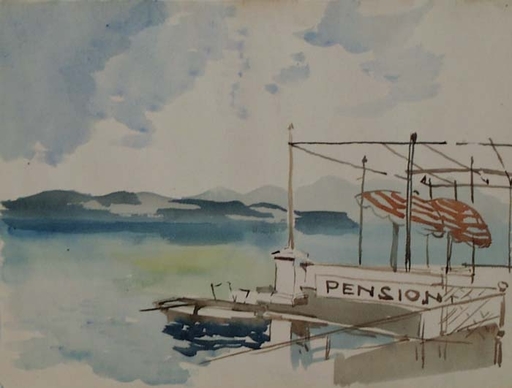 Caspar NEHER - Drawing-Watercolor - "Pension by Lake", Watercolor by Caspar Neher, ca 1930 