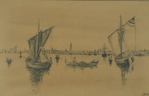 Gustav MELCHER - Zeichnung Aquarell - Segelschiffe vor Venedig