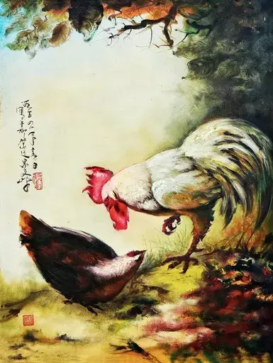 LEE Man Fong - Gemälde - Rooster and Hen in Love, by Lee Man Fong