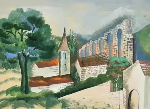 Ossip ZADKINE - Drawing-Watercolor - Le Village à l'Aqueduc