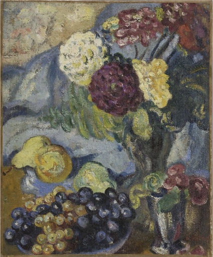 Louis VALTAT - Gemälde - Vase de fleurs et fruits