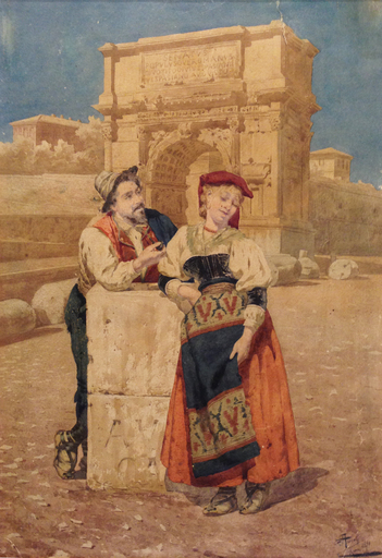 Giuseppe AURELI - Drawing-Watercolor - Roma, ciociari all'Arco di Tito