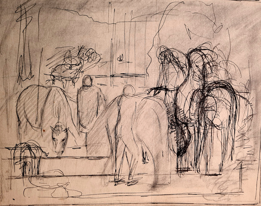 Arthur SIEBELIST - Dessin-Aquarelle - Im Stall mit Pferden und Menschen.