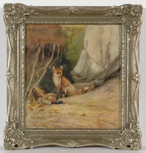 Carl RITTER VON DOMBROWSKI - Dibujo Acuarela - Carl von Dombrowski (1872-1951) "Fox with its kill" 