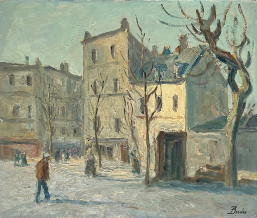 Léonard BORDES - Painting - Place animée à Rouen en hiver