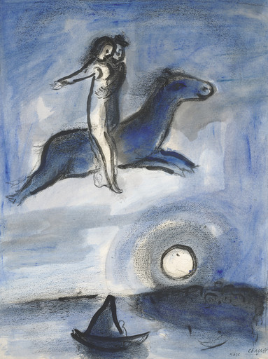 Marc CHAGALL - Disegno Acquarello - Couple sur le cheval dans le ciel