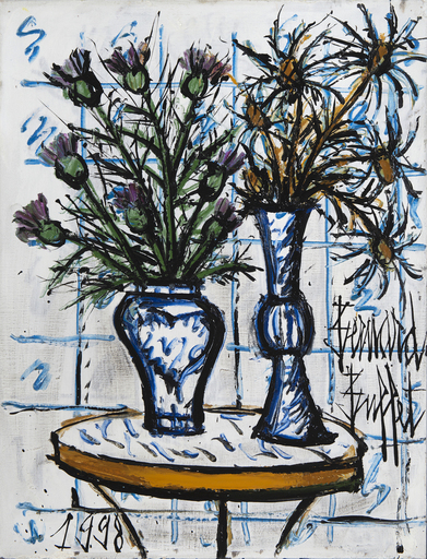 Bernard BUFFET - Peinture - Vases de fleurs sur un guéridon