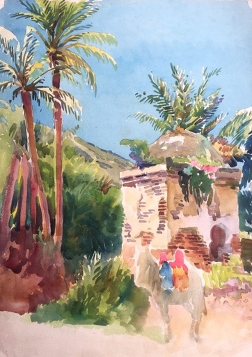 B. CONDE DE SATRINO - Drawing-Watercolor - Mausoleum in ruins & horse rider - A street in the souk