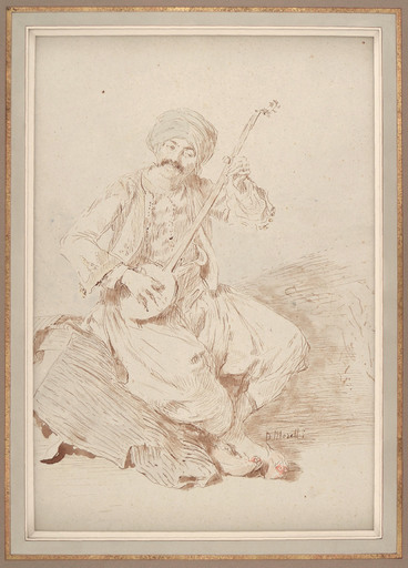 Domenico MORELLI - Dibujo Acuarela - AN ARAB PLAYING THE LUTE
