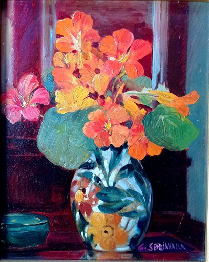 Guiscardo SBROJAVACCA DI - Painting - Bouquet de fleurs capucines dans un vase 