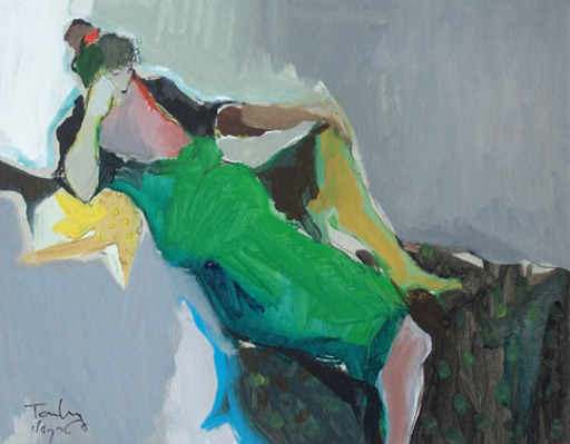 Isaac TARKAY - Painting - Reclining Woman in Green Dress
