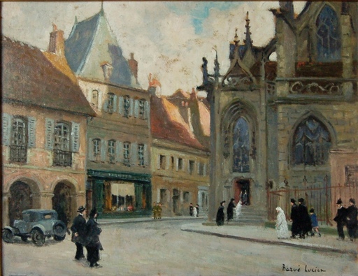 Lucien BARUÉ - Gemälde - Moulins: les communiants devant la cathédrale