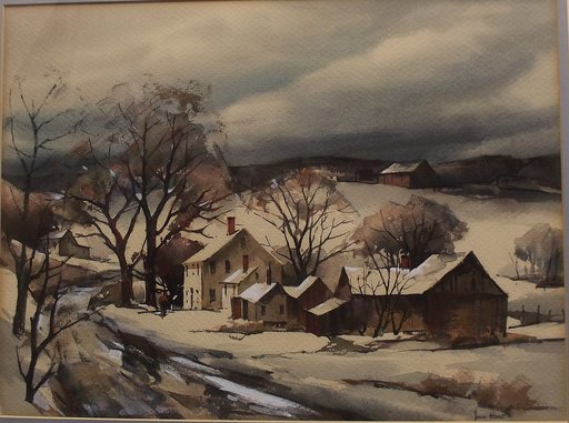 John Cuthbert HARE - Dibujo Acuarela - New England Country Snowscape
