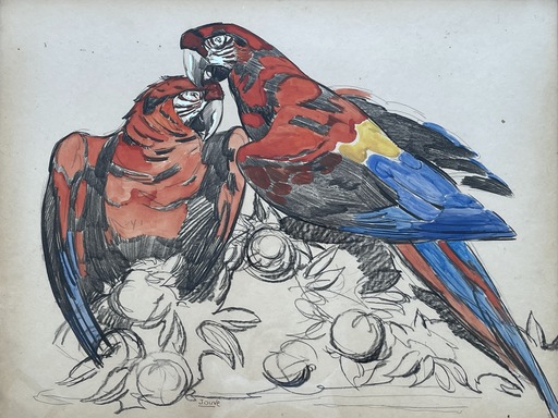 Paul JOUVE - Gemälde - Paul Jouve - "Deux perroquets", aquarelle, fusain et graphit