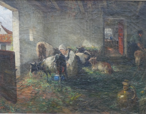 Pierre Jacques DIERCKX - Painting - Stal met koeien en geiten