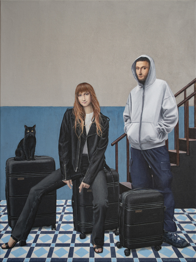 Nataliya BAGATSKAYA - Painting - Contemporary portrait "As We Wait for the Taxi"