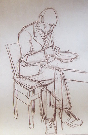 Erich HARTMANN - Disegno Acquarello - #19706: Mann am Tisch beim Essen