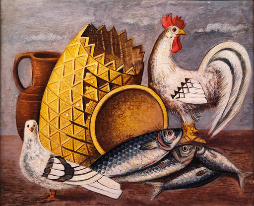 Gino SEVERINI - Painting - NATURA MORTA CON GALLO, COLOMBA E PESCI