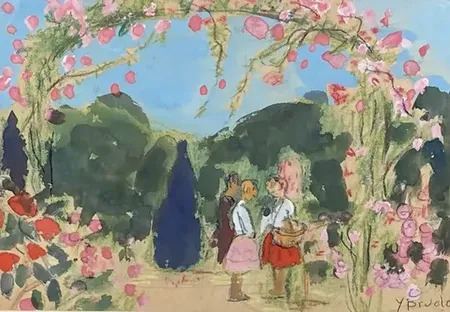 Gouache Originale Yvonne BRUDO - Femme Dans Un Paysage, Signée, 1930 - Bon état