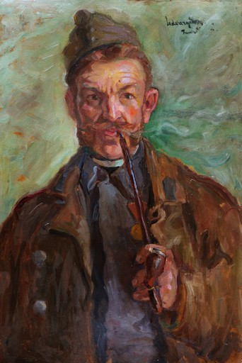 Dezsoe UDVARY - Pintura - Autoportrait en soldat à la pipe