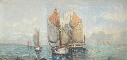Marcel CATELEIN - Painting - Tableau Marcel Catelein Marine. Huile Sur Toile, Signée En B