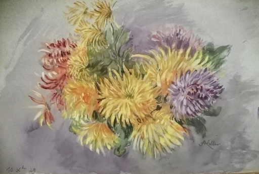 Alfred KELLER - Dibujo Acuarela - Chrysanthèmes - 10-29