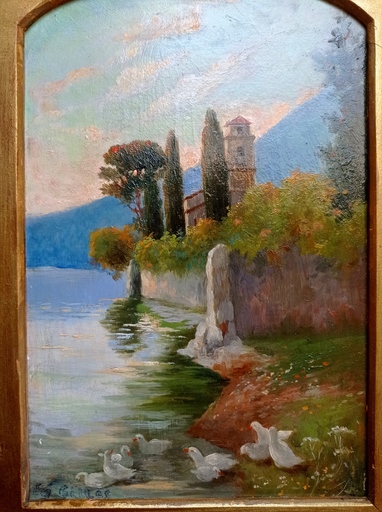 Eugène GILLES - Painting - Eglise d'Oria. Lac de Lugano. Suisse