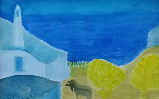 Gerhild DIESNER - Drawing-Watercolor - Hof mit Schafen am Meer