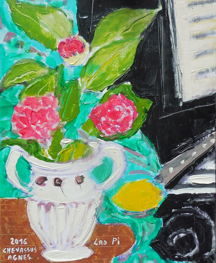 Jean-Pierre CHEVASSUS-AGNES - Peinture - composition piano noir, rhododendrons, citron, étoffe 