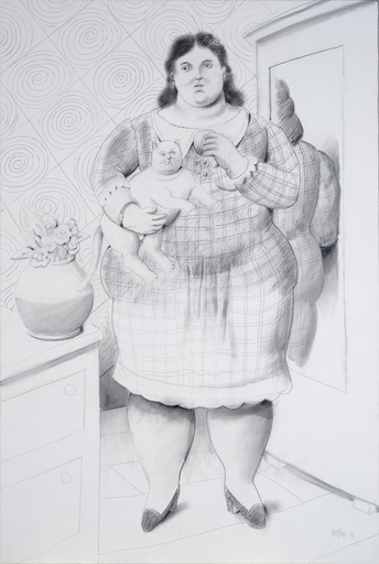 Fernando BOTERO - Disegno Acquarello - Woman with Cat