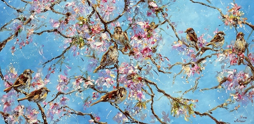 Diana MALIVANI - Pintura - Sparrows in the Blooming Tree