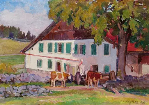 François JACQUES - Pintura - Ferme et vaches dans le Jura
