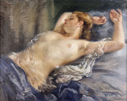 Julio GARCIA GUTTIÉRREZ - 绘画 - Naked woman with red hair between sheets