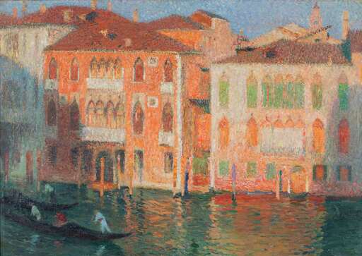 Henri MARTIN - Peinture - Venise, palais et gondoliers sur le Grand Canal