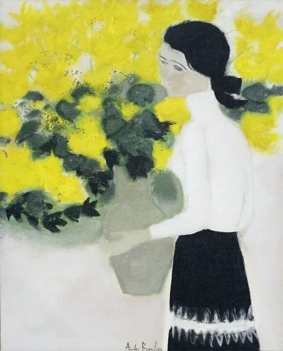 André BRASILIER - Gemälde - Chantal au bouquet jaune