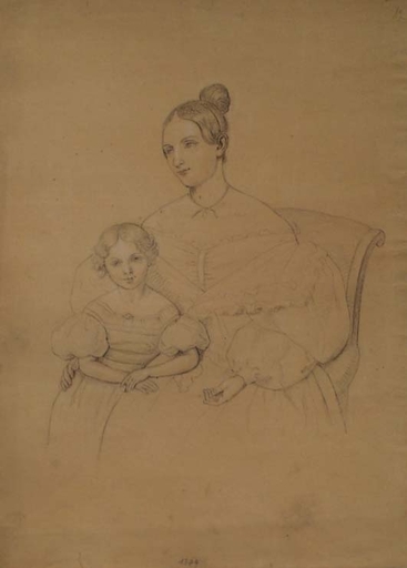 Disegno Acquarello - "Portrait of Mother and Daughter", ca 1840