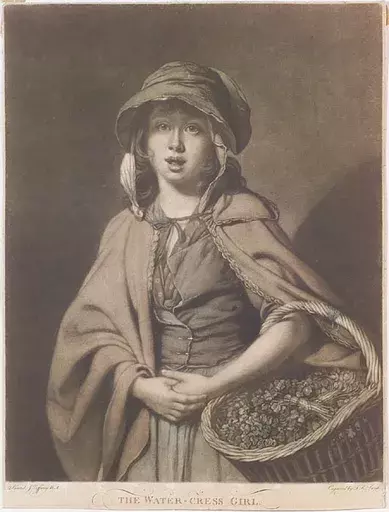 John Raphael SMITH - Disegno Acquarello - "The Watercress Girl", Mezzotint after J. Zoffany