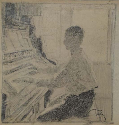 Josef ZLATUSCHKA - Dibujo Acuarela - "Young Pianist" by Josef Zlatuschka, ca 1920 