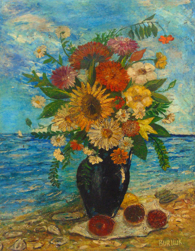 David BURLIUK - Pintura -  Vase of Flowers on the Seashore
