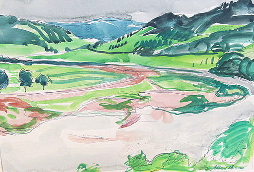 Paul MECHLEN - Drawing-Watercolor - Flußbett in den Bergen. 
