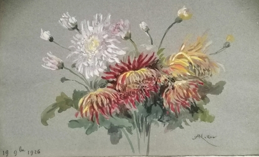 Alfred KELLER - Dibujo Acuarela - Nature morte aux fleurs