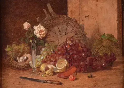 Edward Chalmers LEAVITT - Painting - Still Life With Nest, Roses & Grapes